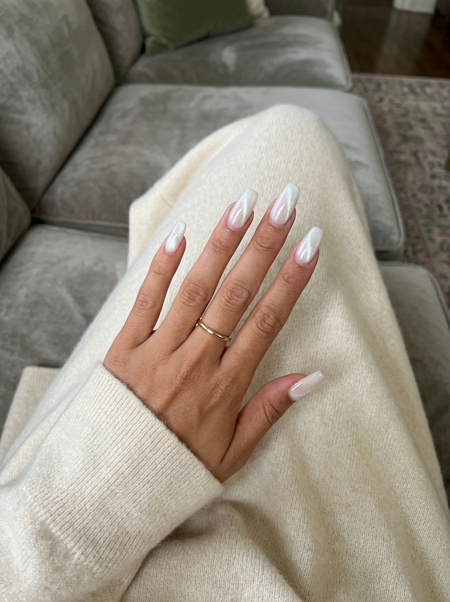 Milky Cat-Eye Mystique Coffin nails for simple summer nails 2026, perfect for parties and special events.