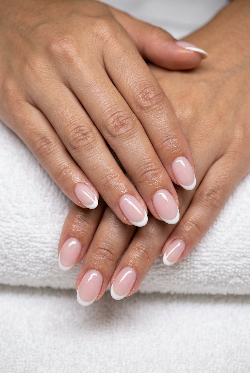 Clean and polished sheer milky pink reverse French oval nails for daily wear, work, and casual occasions. Simple summer nails 2026.