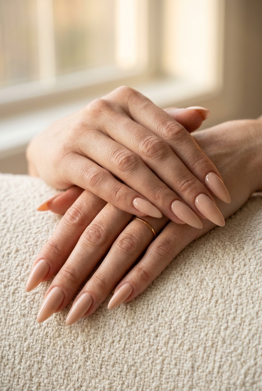 Nude 'My Nails But Better' Stiletto Glam nails for simple summer nails 2026, perfect for parties and nights out.