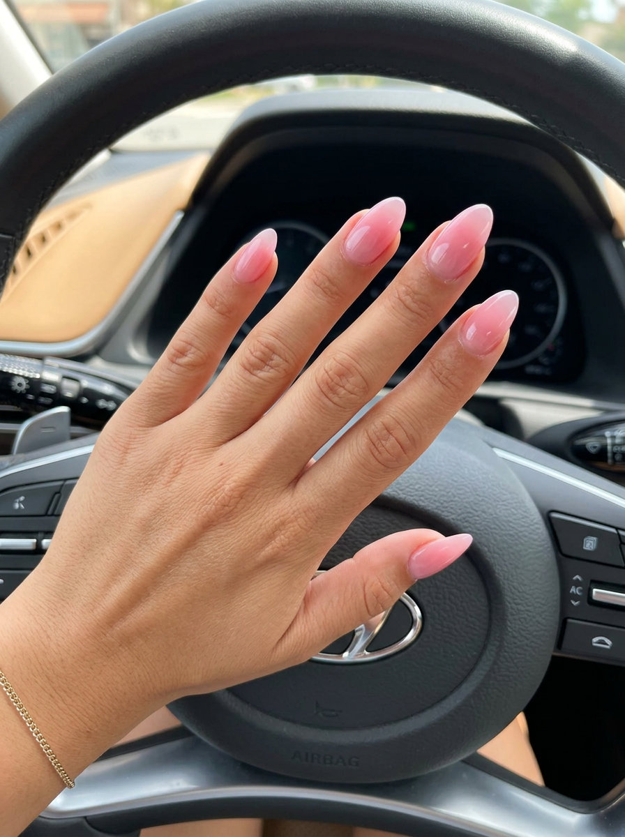 Romantic sheer pink jelly gradient medium almond nails for weddings, date nights, and bridal showers. Simple summer nails 2026.