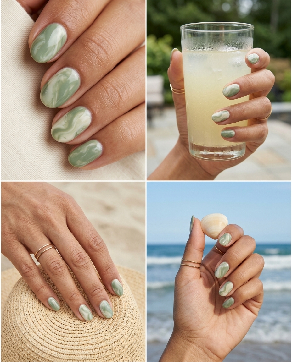 Sophisticated sage stone marble oval nails for daily wear, casual weekends, and work. Simple summer nails 2026.