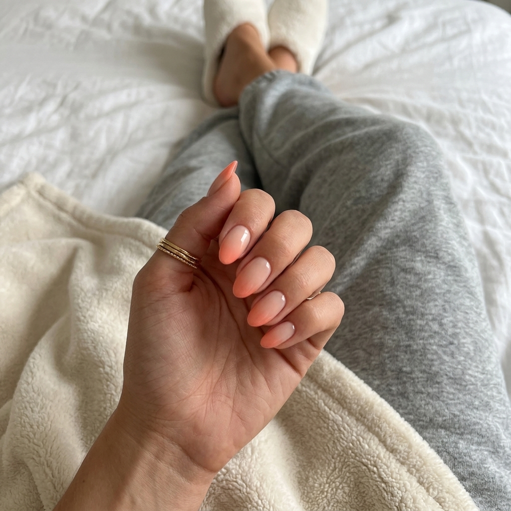 Sunset Peach Ombre Soft Almond nails for simple summer nails 2026, perfect for vacation and daily wear.