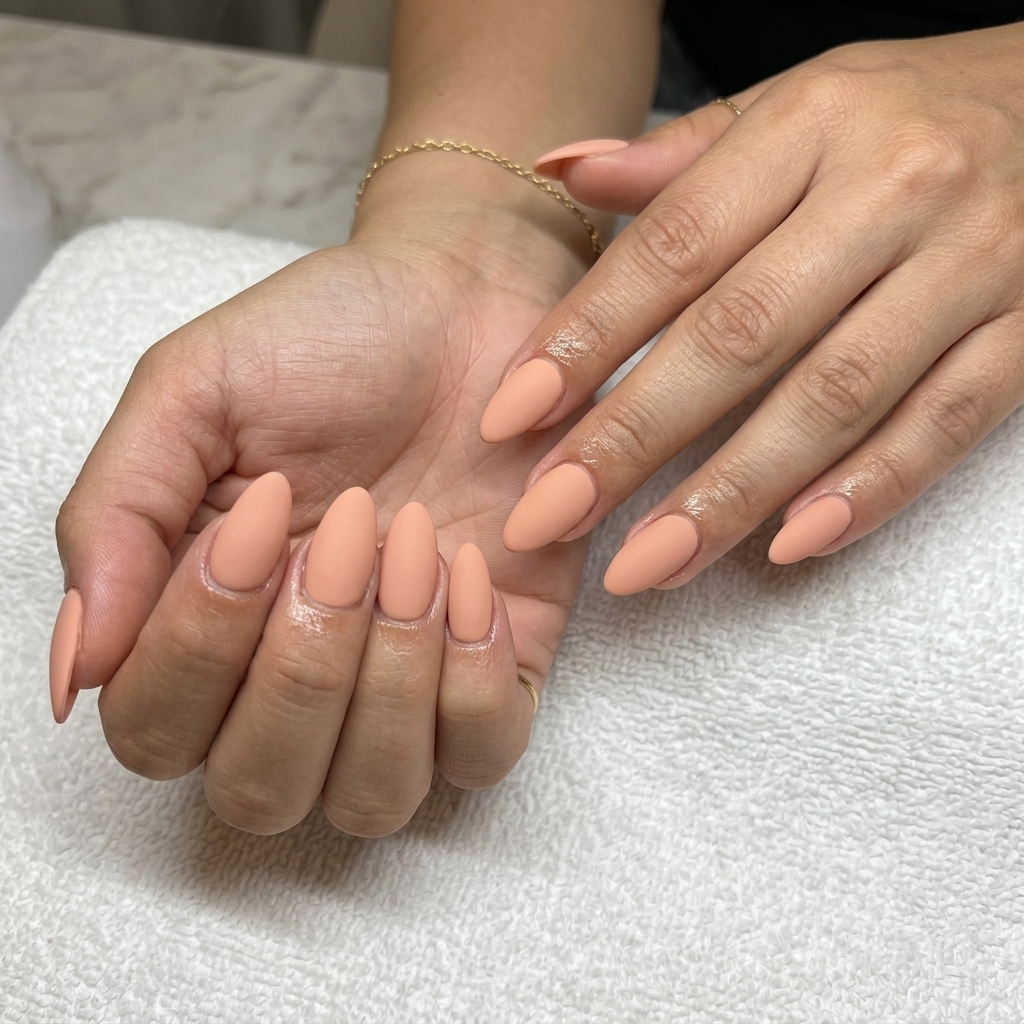 Sophisticated velvet peach dream almond nails for date nights, summer evenings, and bridal showers. Simple summer nails 2026.