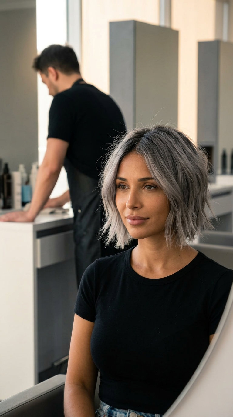 Urban Smoky Rebel Choppy Bob 2026 chin-length choppy bob haircut with smoky grey & charcoal root, razored edges & micro-fringe for edgy nights