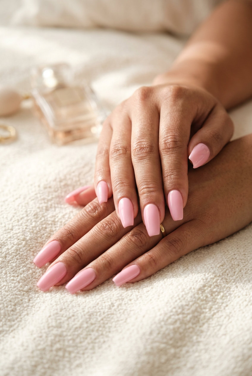 Sweet bubblegum pink milky coffin nails for date nights and summer vacation. Solid summer nails 2026.