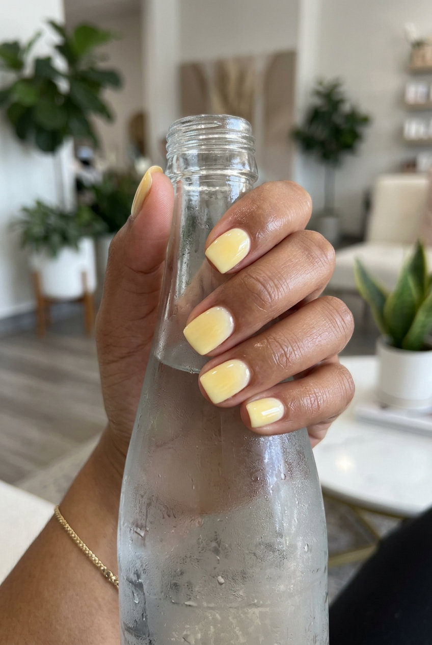 Butter yellow aura squoval nails for casual summer festivals and weekend vibes, part of solid summer nails 2026.