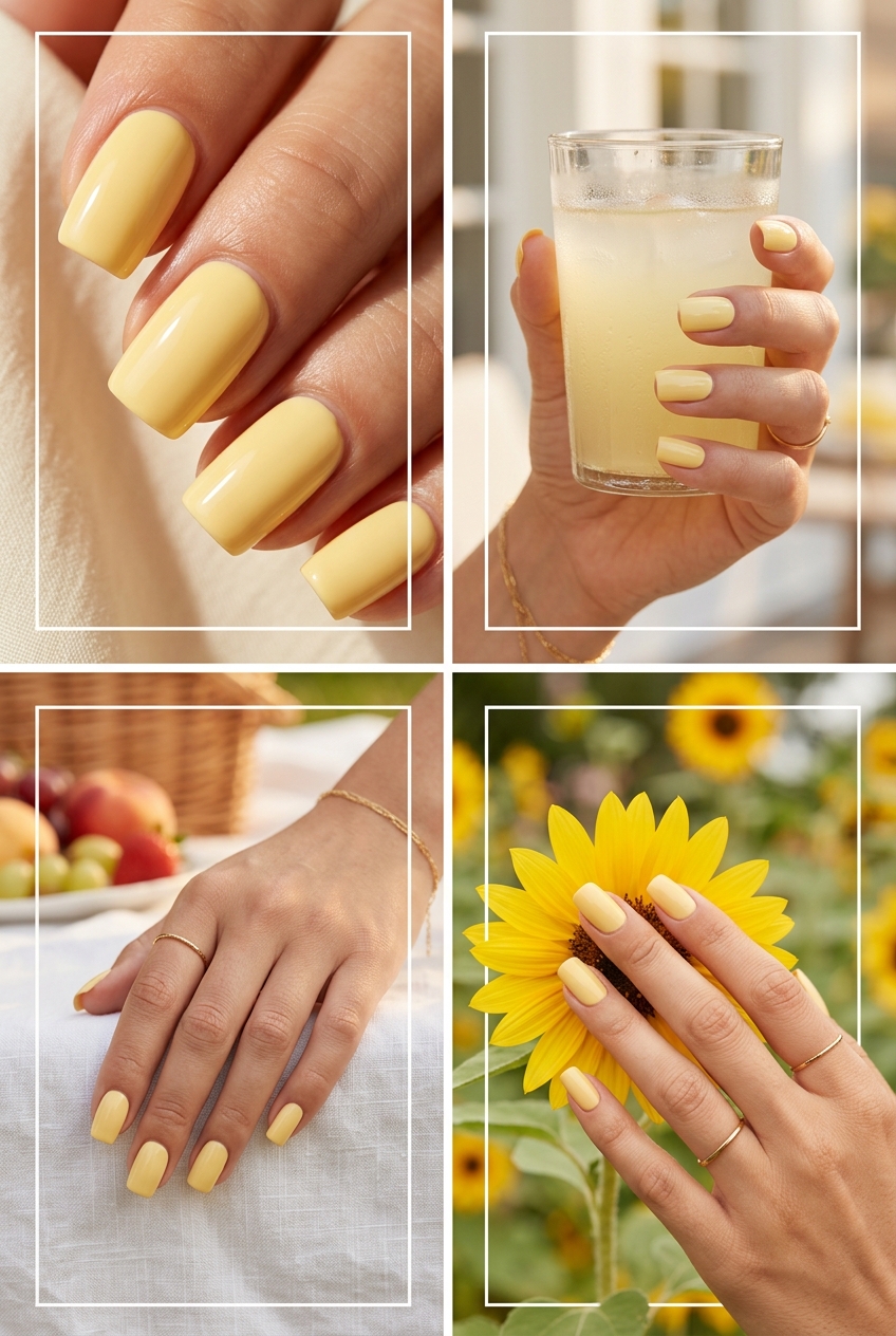 Clean-girl butter yellow square nails for daily wear and casual outings, showcasing solid summer nails 2026.