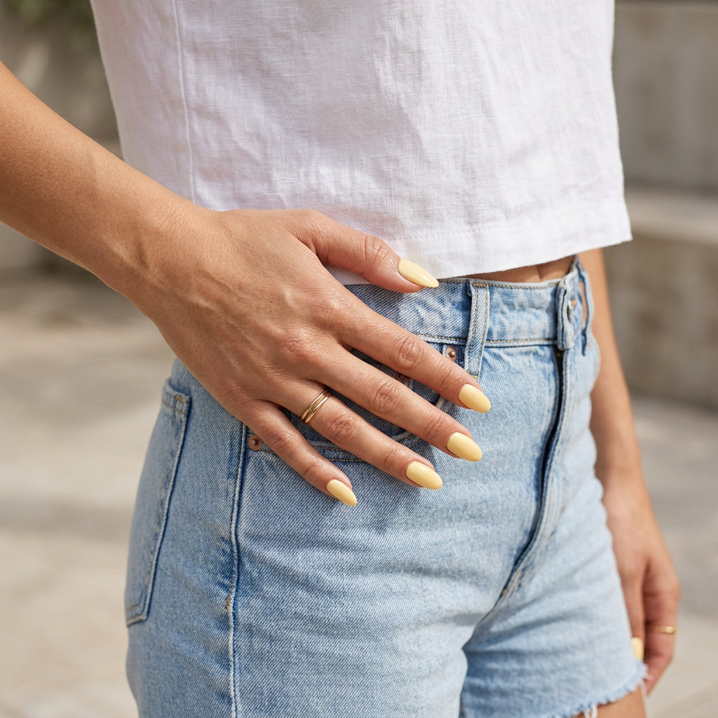 Creamy butter yellow square nails for solid summer nails 2026. Cheerful, bright, and glossy.