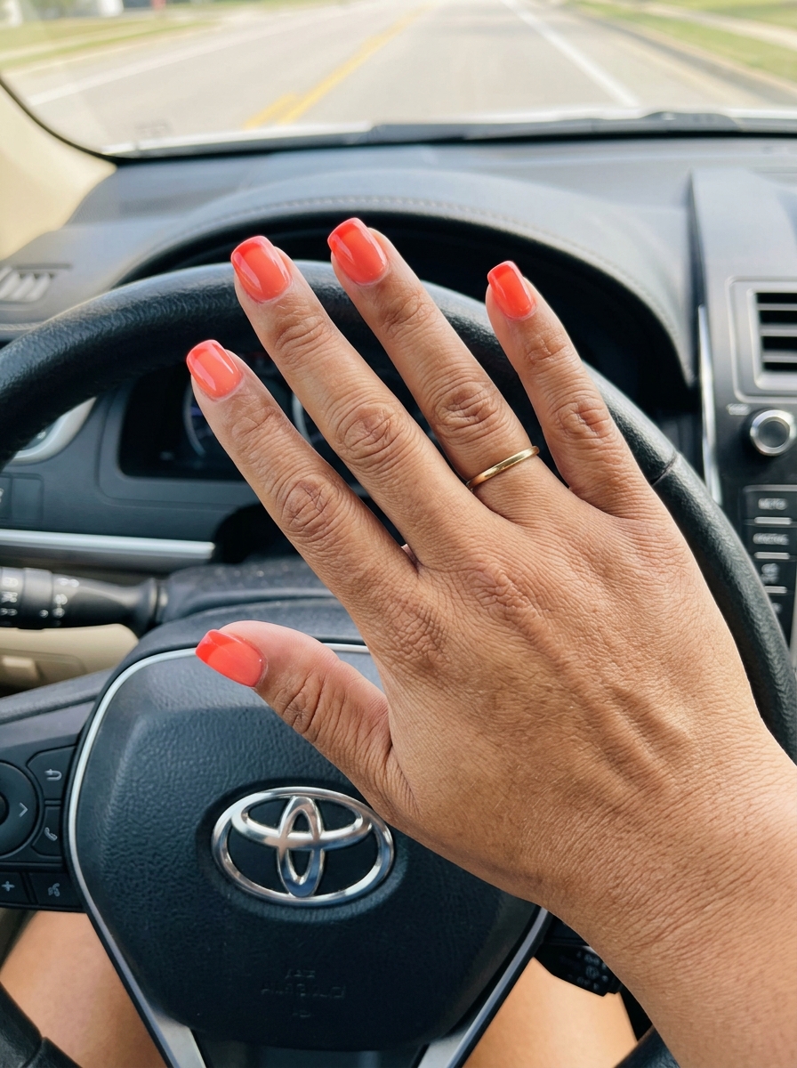 Chic coral French tip nails for casual outings and summer vacation. Solid summer nails 2026.