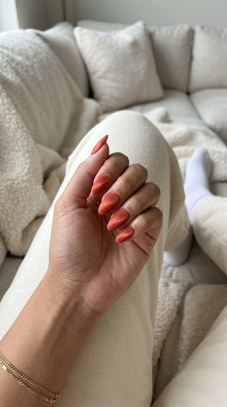 Luxurious coral velvet matte nails for solid summer nails 2026. Medium almond shape.