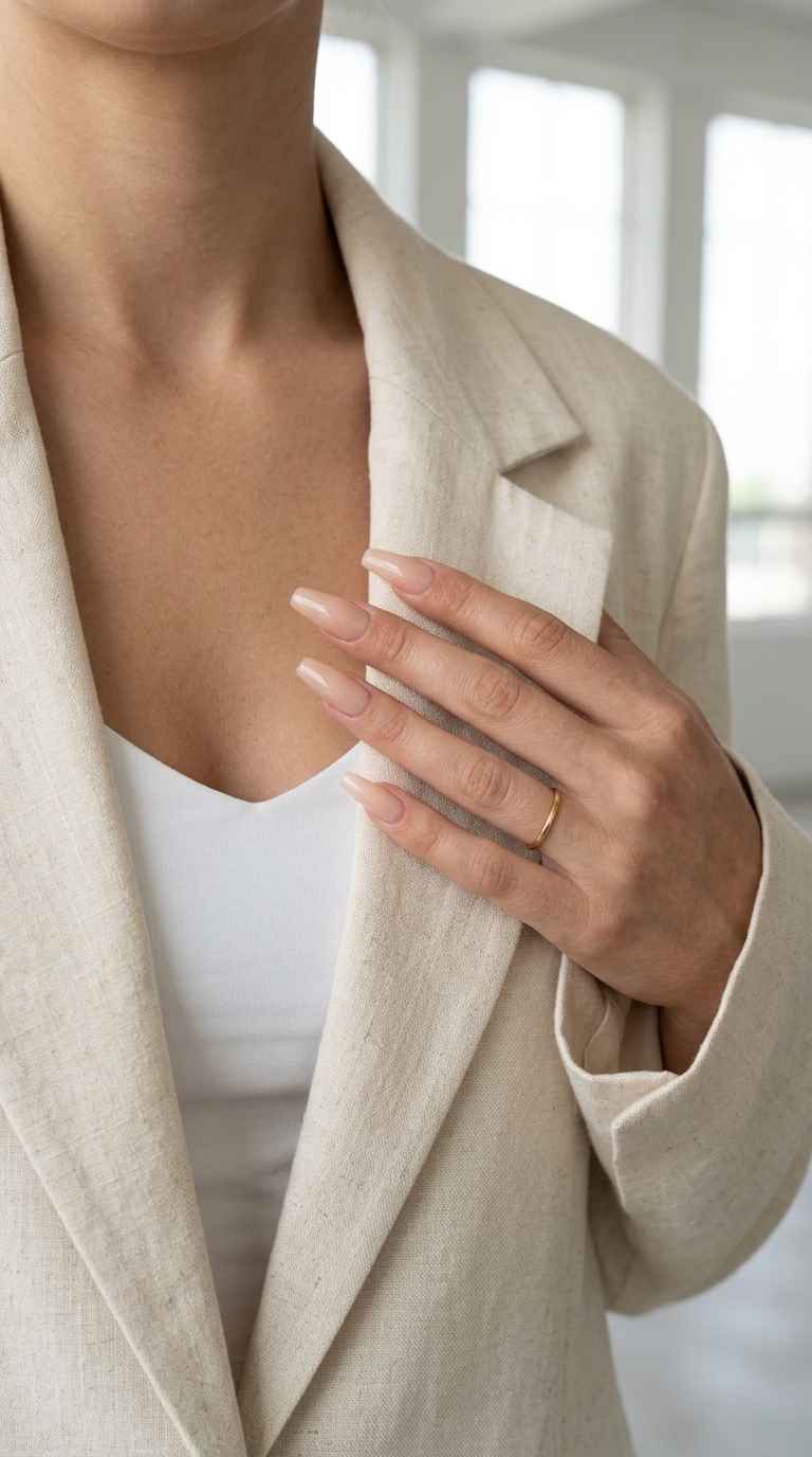 Dewy skin effect coffin nails in sheer nude for formal events and minimalist style, featuring solid summer nails 2026.