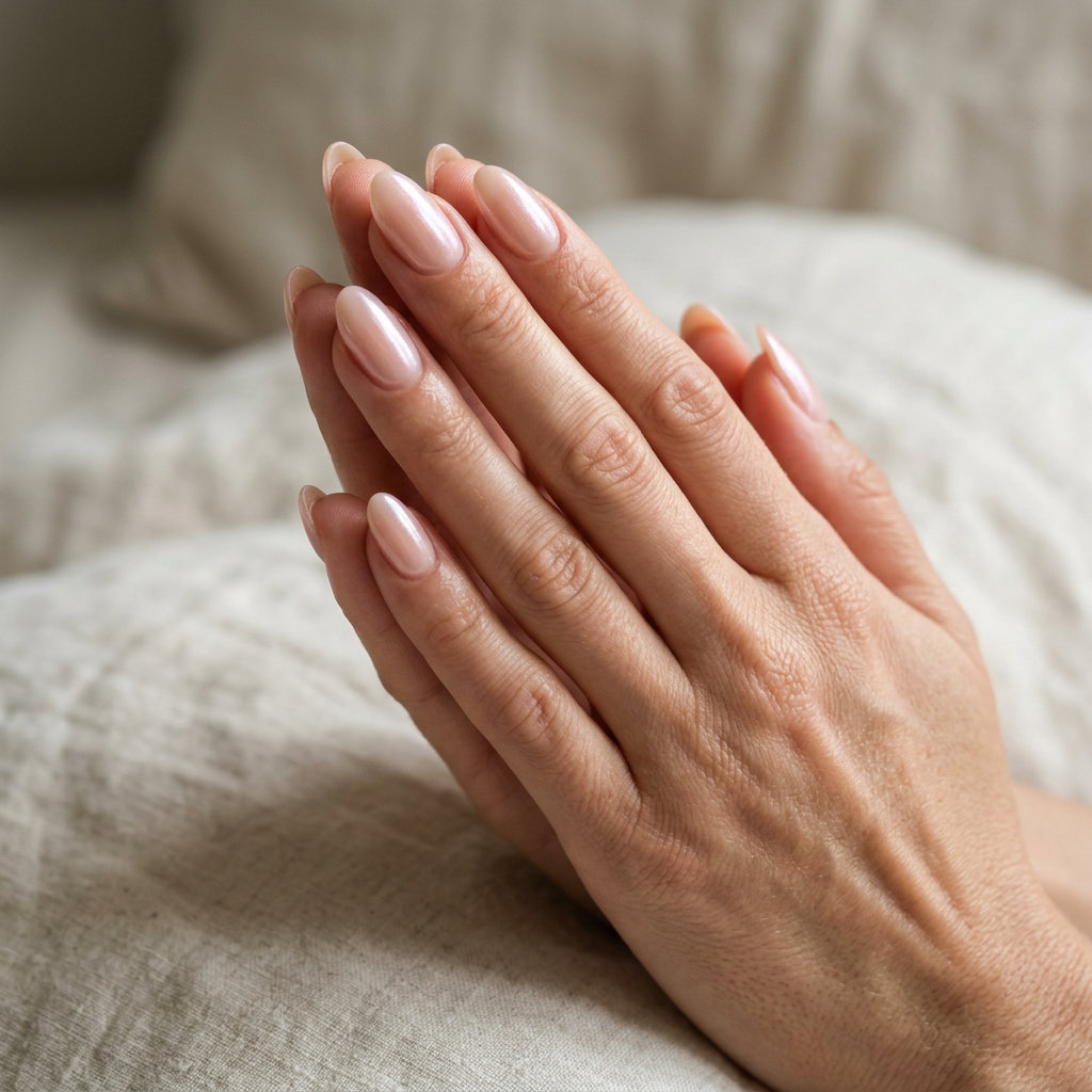 Sheer nude-pink almond nails with iridescent pearl shift for solid summer nails 2026. Ethereal bridal look.