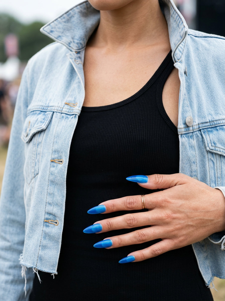 Edgy electric blue jelly stiletto nails for parties and festivals. Solid summer nails 2026.