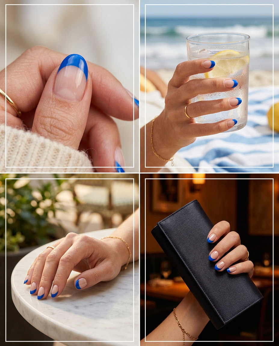 Electric blue moon nails with negative space for solid summer nails 2026. Futuristic, edgy, and graphic.