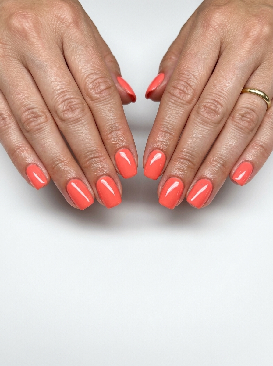 High-shine coral squoval nails for solid summer nails 2026. Vibrant, polished, and effortless.