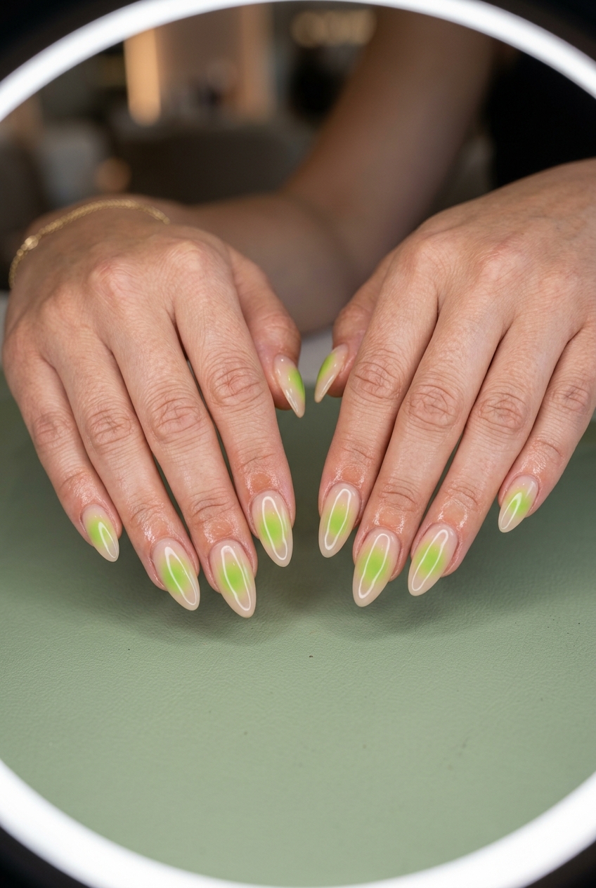 Lime green aura almond nails for solid summer nails 2026. Whimsical, fresh, and playful vacation style.