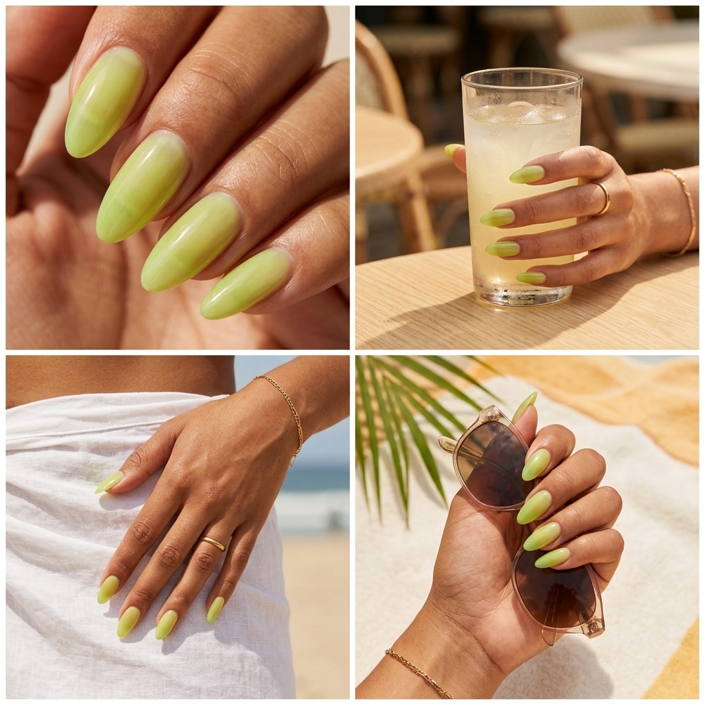 Fresh lime green dewy skin effect almond nails for summer vacation. Solid summer nails 2026.