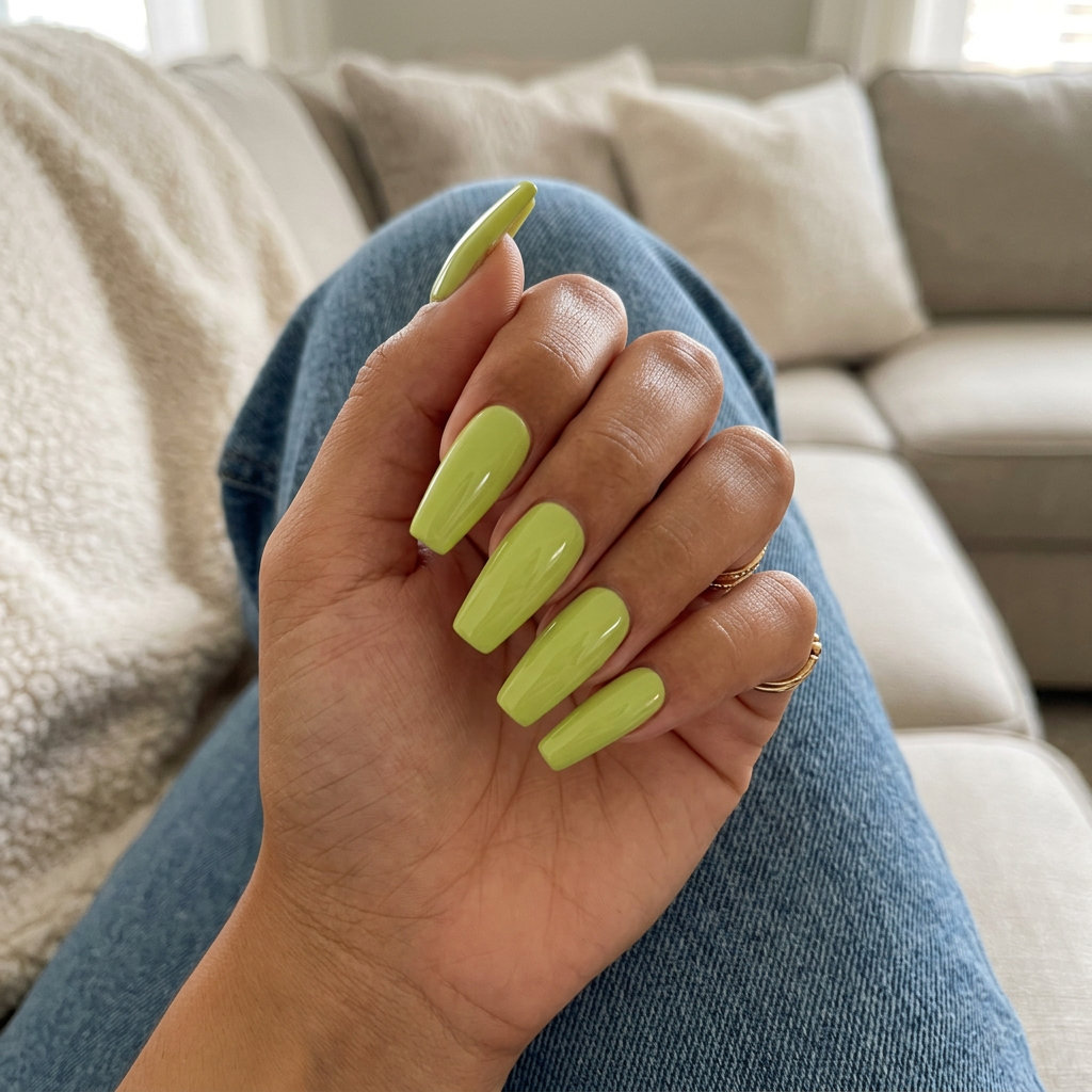 Vibrant lime green coffin nails for parties and summer vacation. Solid summer nails 2026.