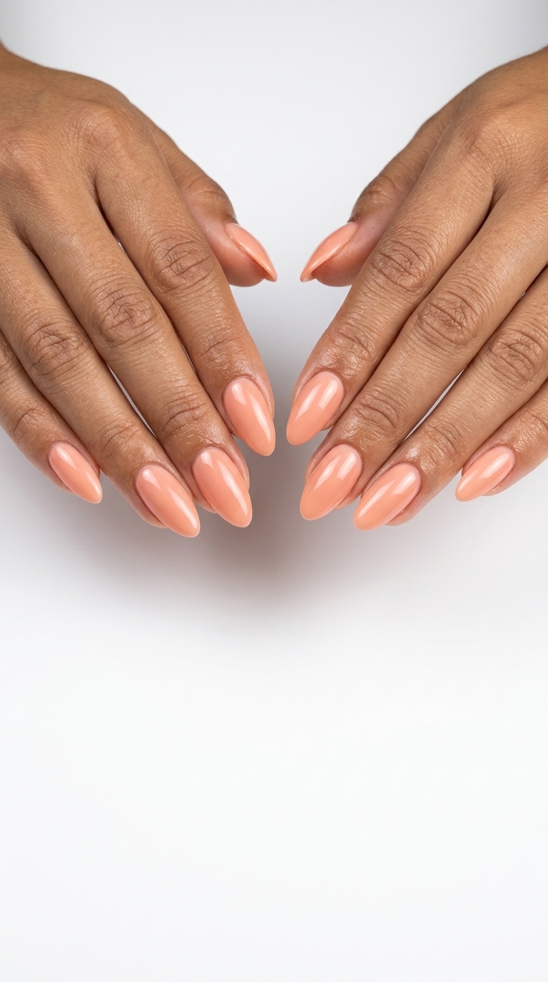 Opaque milky coral almond nails for solid summer nails 2026. Clean-girl, sophisticated, and warm.