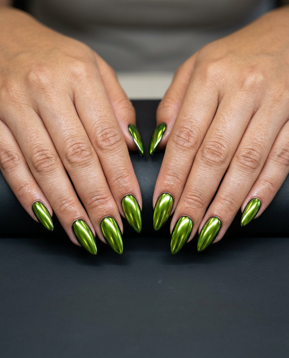 Futuristic acid lime green chrome stiletto summer nails 2026 for festivals. Bold, edgy, and reflective.