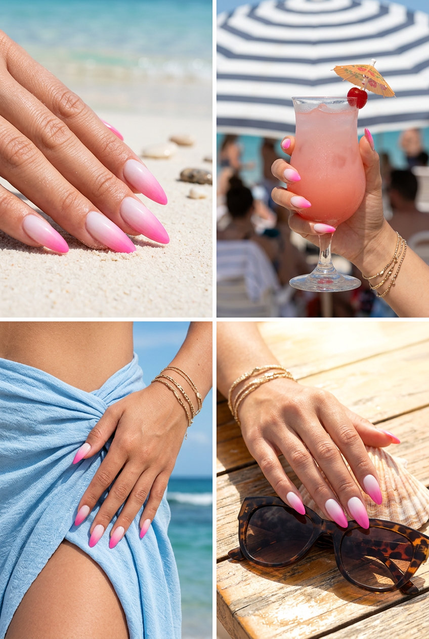 Romantic blush ombre stiletto summer nails 2026 for weddings. Soft white to hot pink gradient, elegant and soft.