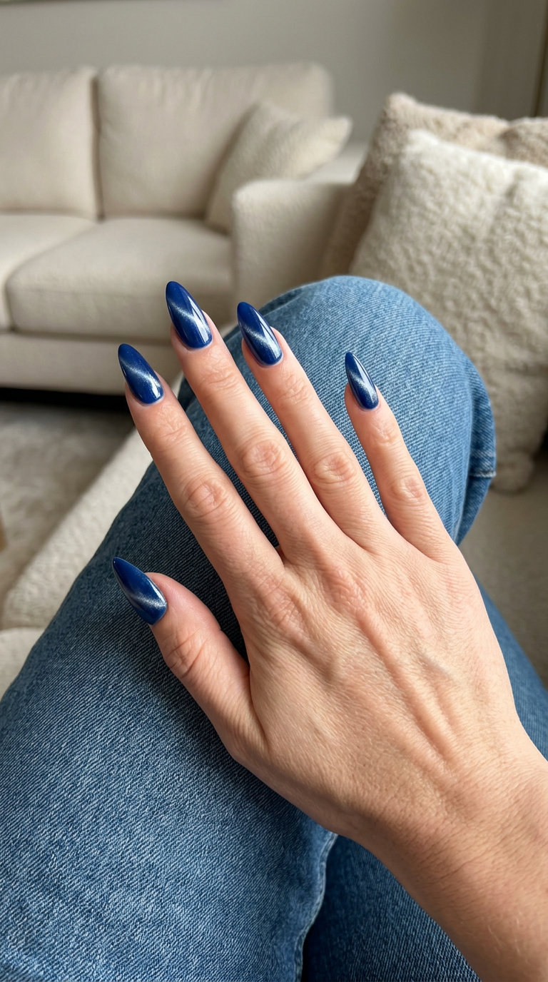 Sultry electric blue cat-eye stiletto summer nails 2026 for date nights. Futuristic and mysterious.