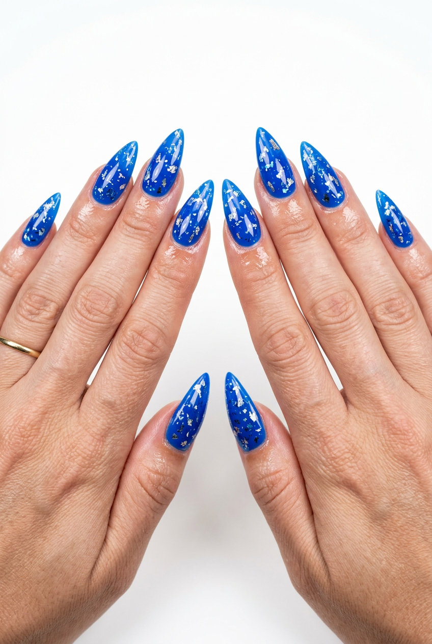 Electric Blue Stiletto nails with foil flakes for concerts and festivals 2026.