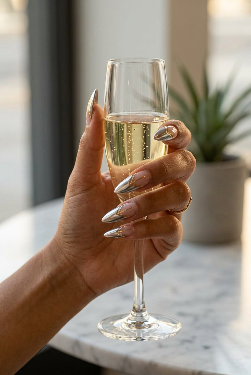 Chic geometric gold negative space stiletto summer nails 2026 for daily wear. Sophisticated minimalist design.