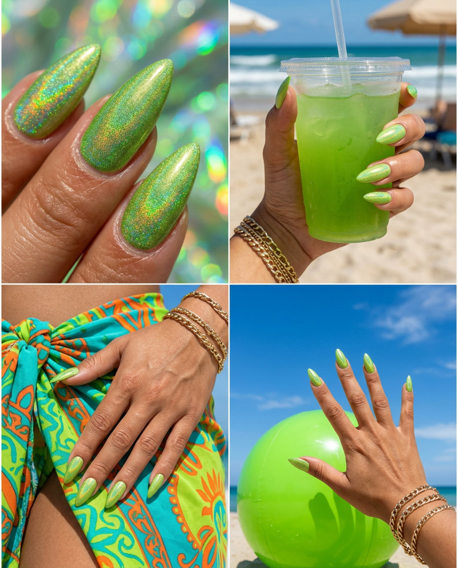 Vibrant lime green holographic stiletto nails for festivals. Stiletto summer nails 2026.