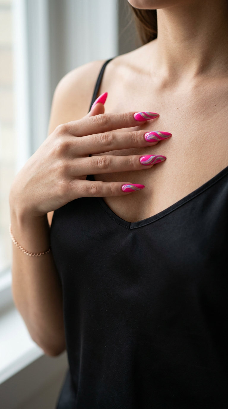 Hot pink stiletto nails with holographic chrome swirls for date night. Stiletto summer nails 2026.
