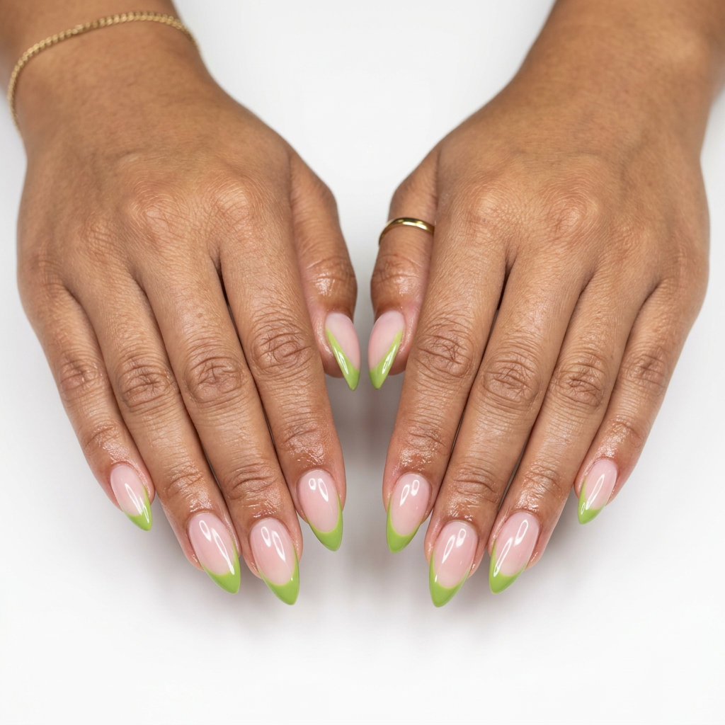 Playful lime green cuticle French stiletto summer nails 2026 for brunch. Sheer milky pink base with opaque lime green accent.