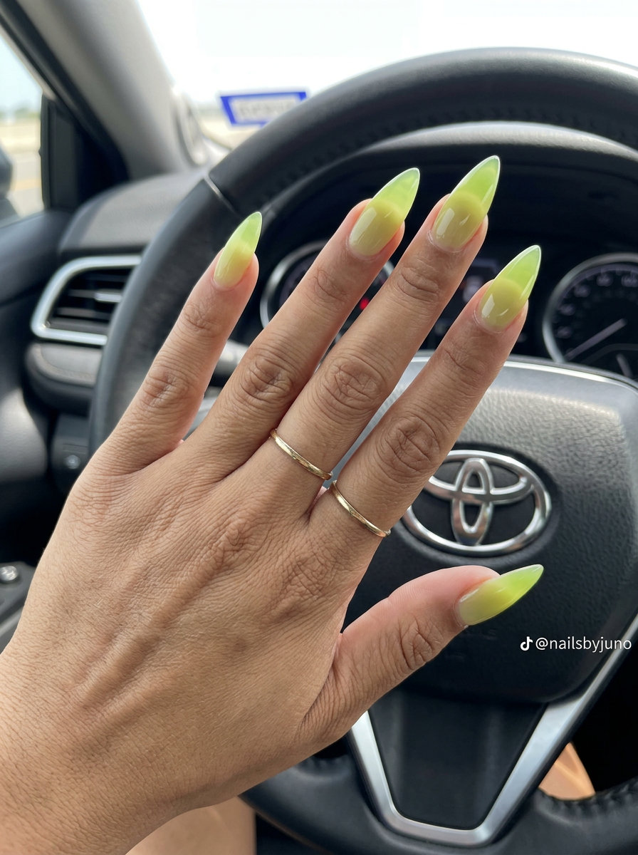 Lime Green Jelly Ombre Stiletto nails for vacations and summer parties 2026.