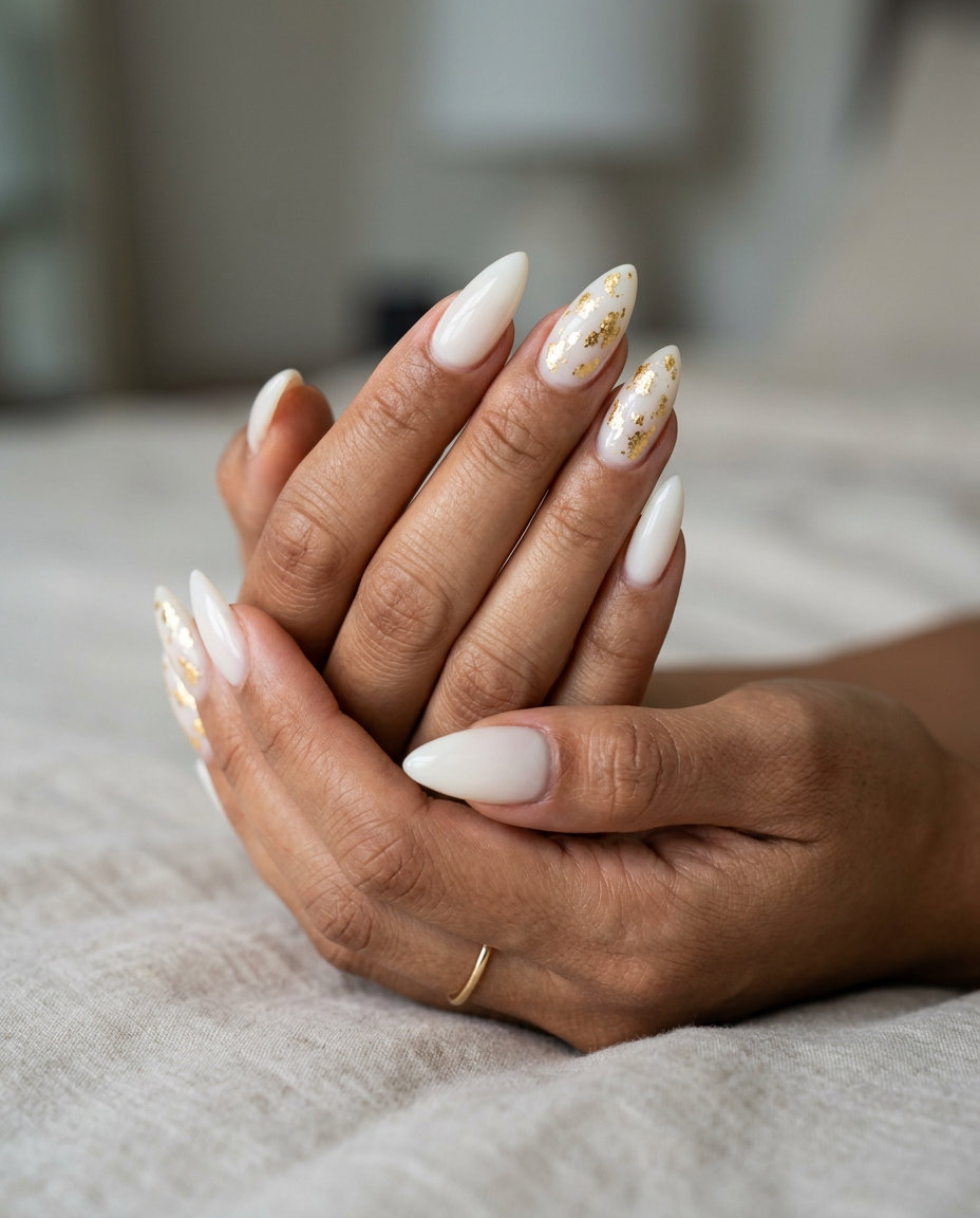 Milky White Stiletto nails with gold foil accents for elegant events 2026.