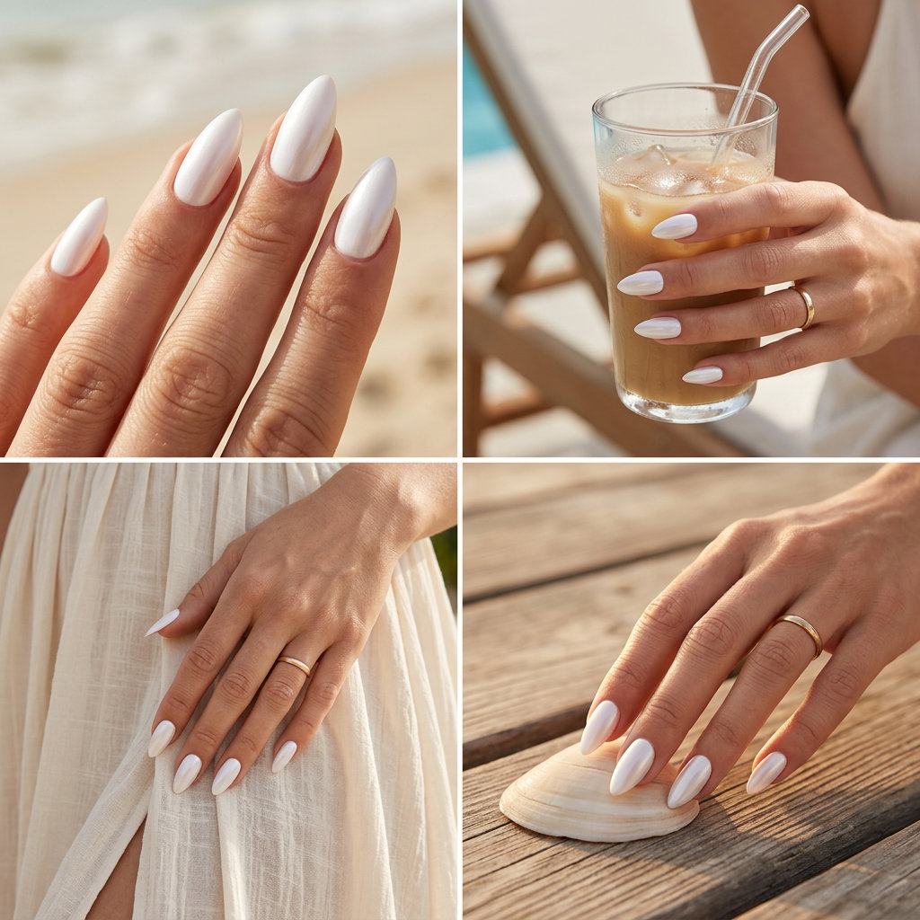Romantic moonbeam pearlescent stiletto summer nails 2026 for weddings. Ethereal and sophisticated glow.