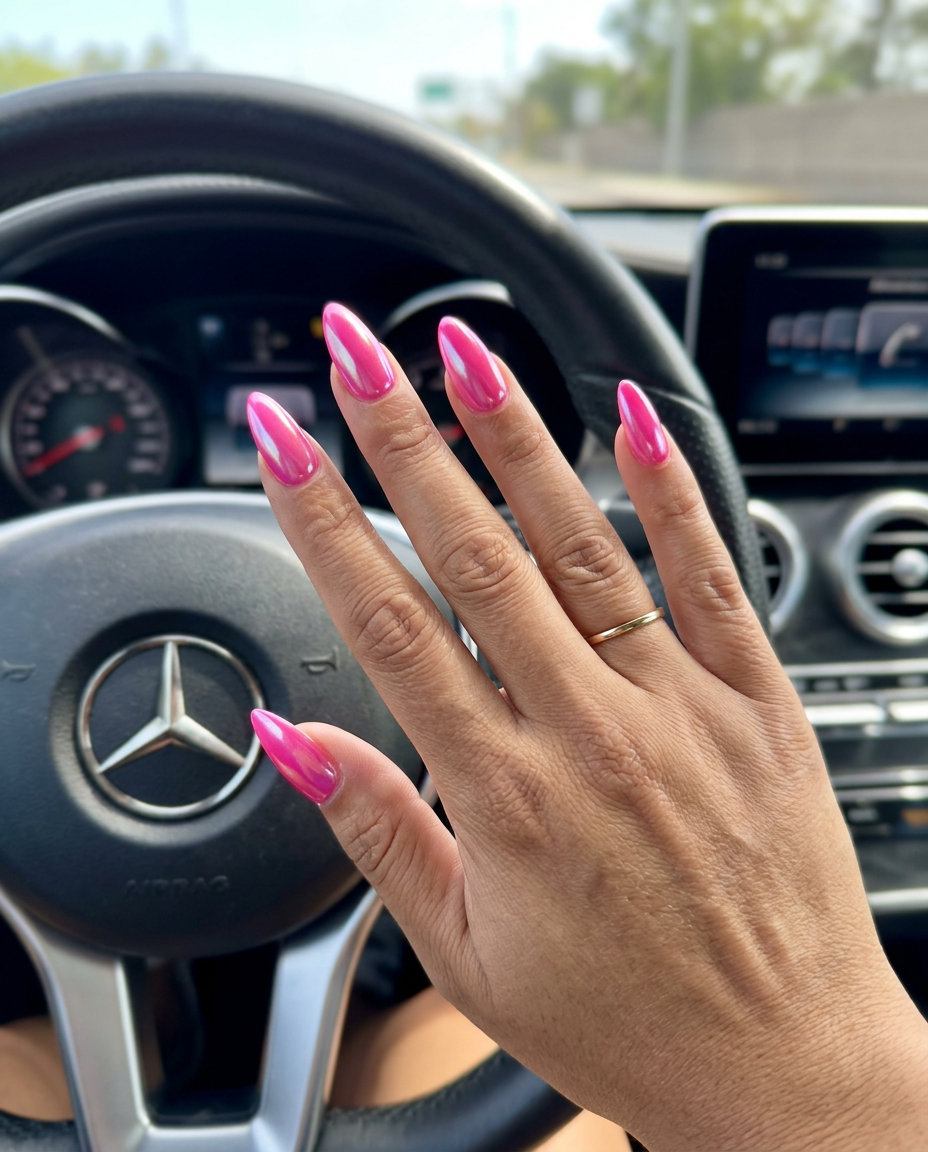 Glamorous hot pink glazed donut stiletto summer nails 2026 for date nights. Trendy, sophisticated, and glossy.