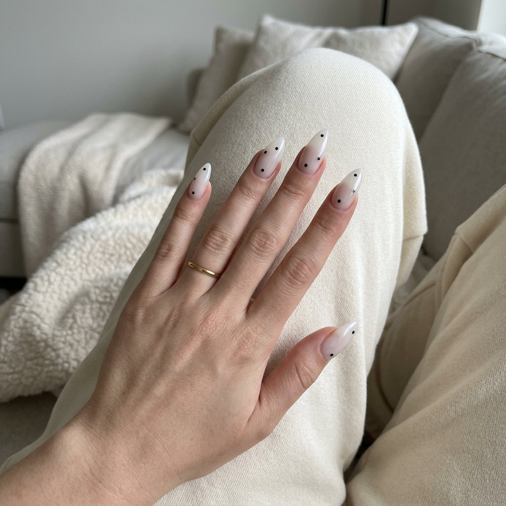 Whimsical polka dot jelly stiletto summer nails 2026 for casual outings. Sheer milky white with jet black dots.