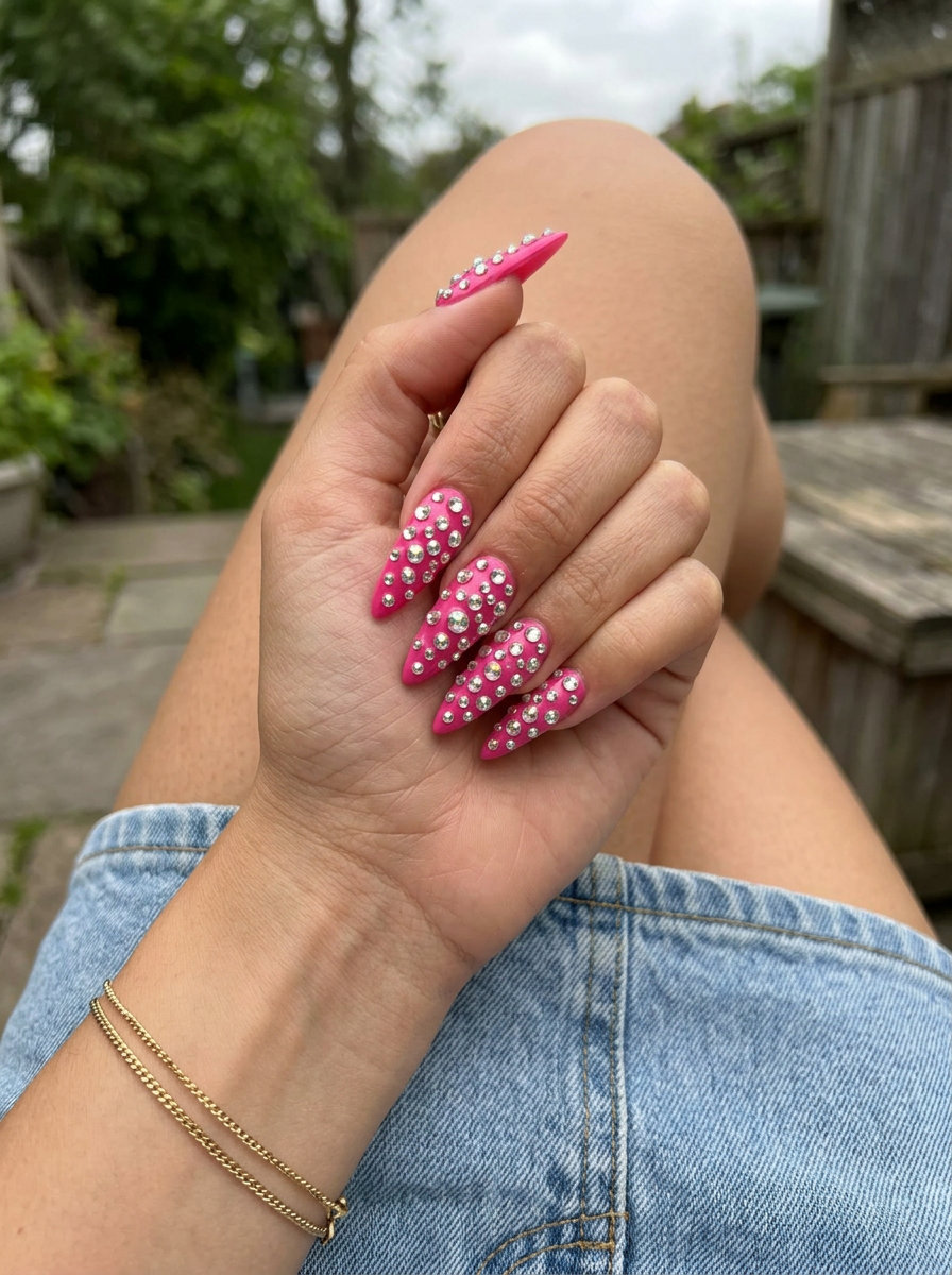 Bold glam rhinestone hot pink stiletto summer nails 2026 for festivals. Dazzling and festive.