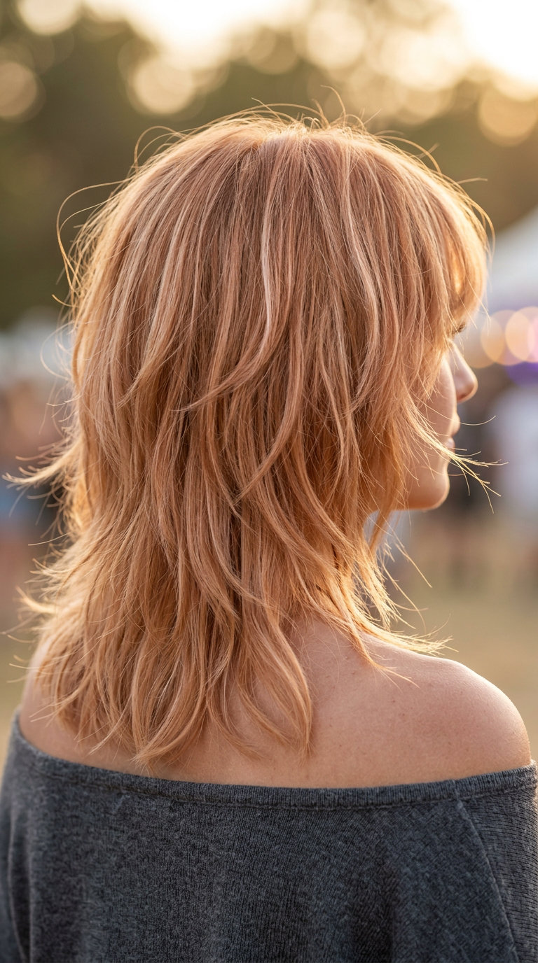 collarbone strawberry blonde shag with copper undertones, feathery layers, wispy fringe — boho festival style