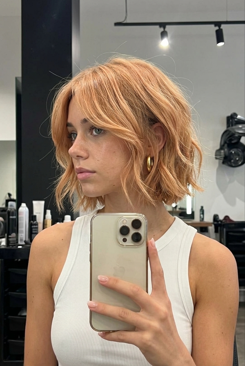 Strawberry Whisper Bob 2026 jawline-skimming choppy bob in warm strawberry blonde, golden peach highlights, point-cut layers, side-swept fringe for date night