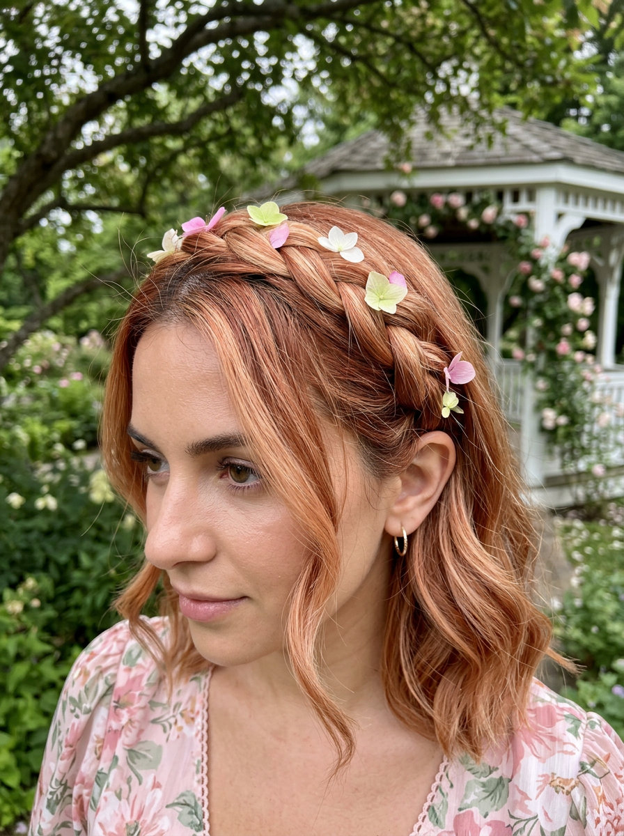 Romantic Strawberry Blonde Braid Headband 2026 long strawberry blonde braided headband with flower petals for feminine look