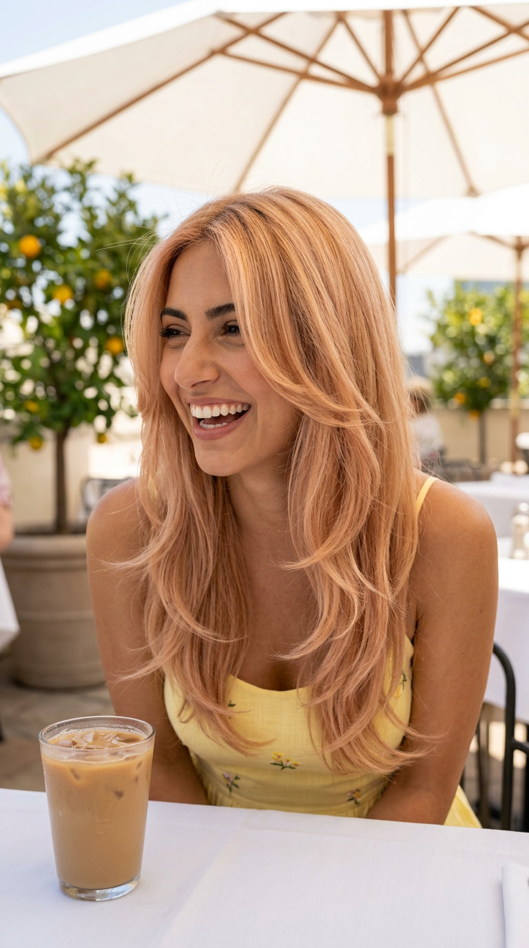 long layered haircut in strawberry blonde with face-framing layers for dreamy brunch dates