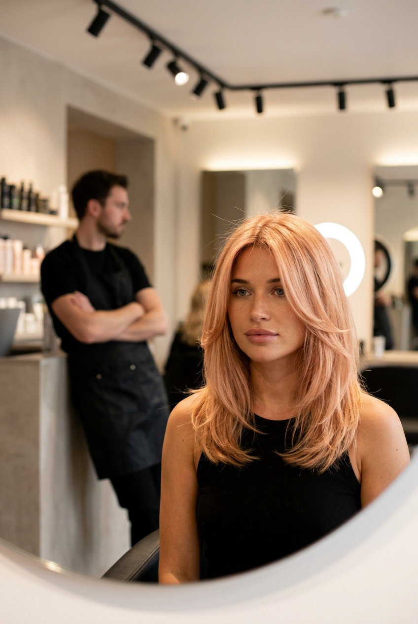 medium textured lob haircut with strawberry blonde apricot crush color, soft layers for summer