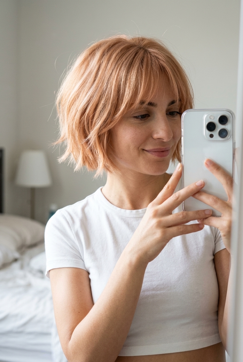 short textured bixie haircut in strawberry blonde with peach highlights, rose gold gloss — playful