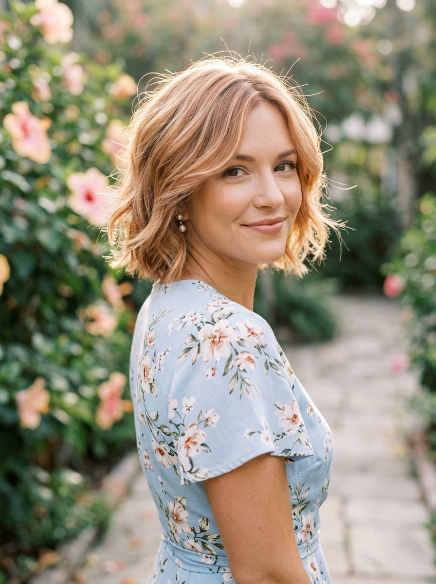 Strawberry Blonde Wavy Charm 2026 short layered haircut in strawberry blonde with golden micro-foils and face-framing layers for brunch