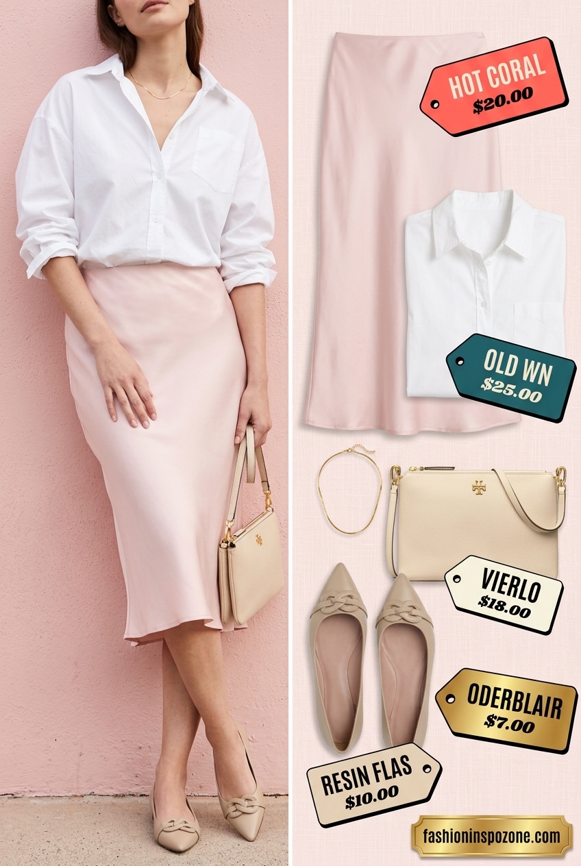 Summer Barbiecore Outfits 2026: Blush pink satin midi skirt, crisp white shirt, nude flats for brunch.