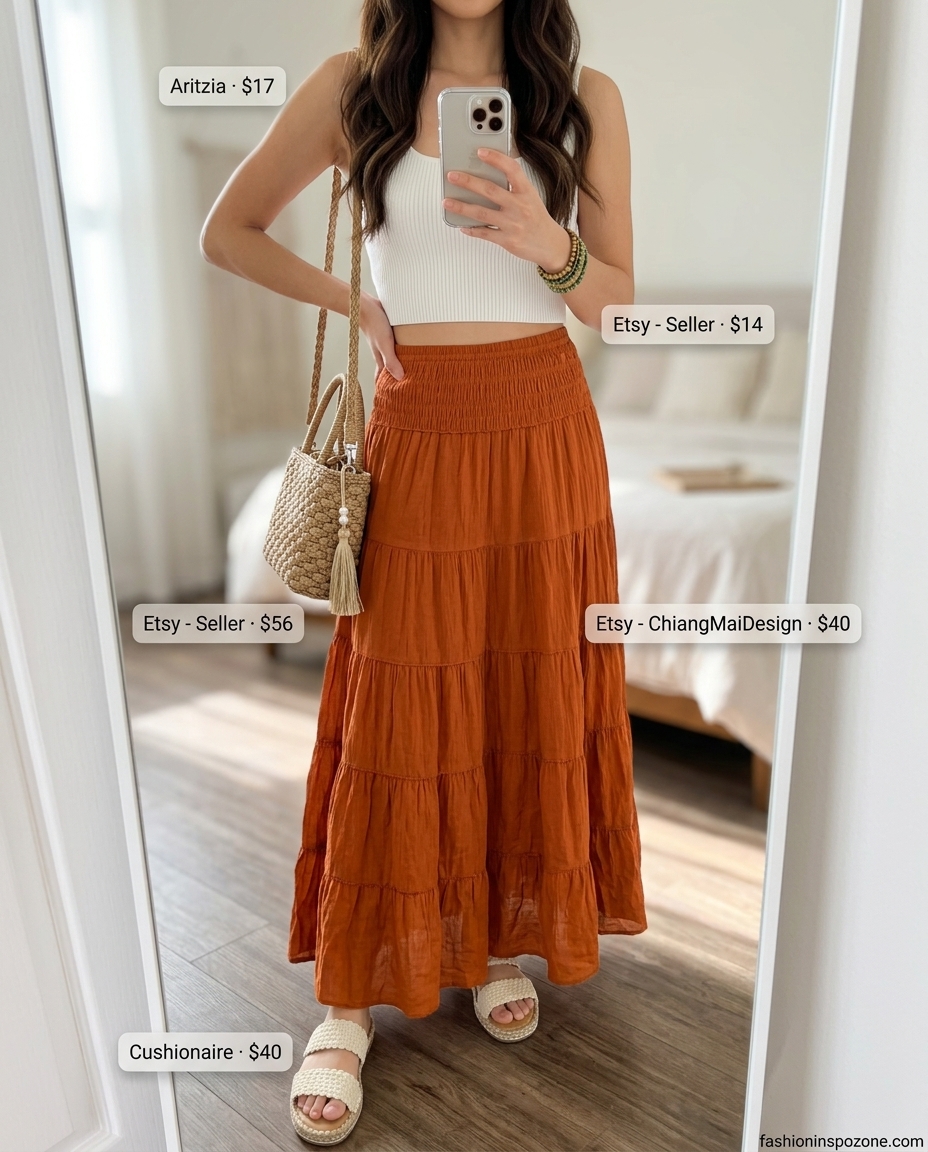 Boho Summer Barbiecore Outfits for Women 2026: Terracotta tiered maxi skirt, white knit top, espadrilles, straw bag.