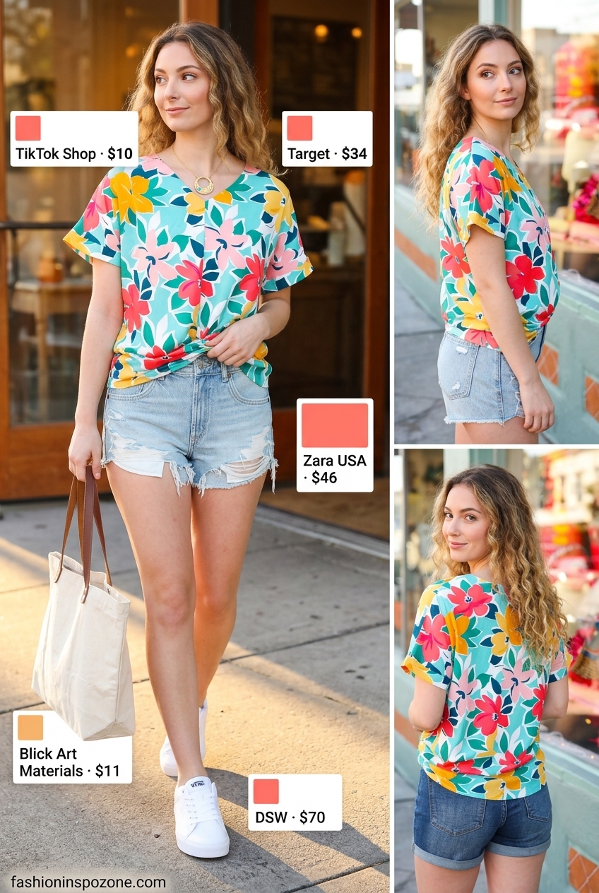 Summer Barbiecore Outfits 2026: Denim shorts, coral floral blouse, white sneakers, tote bag for weekend brunch.