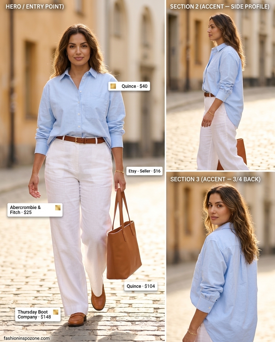 City Summer Barbiecore Outfits for Women 2026: White linen trousers, light blue shirt, tan loafers, leather tote.