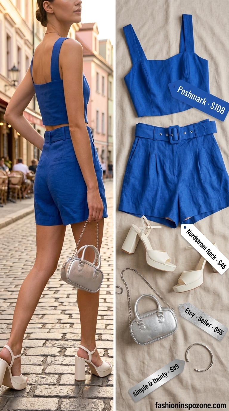 Summer Barbiecore Outfits 2026: Cobalt blue linen matching set, white block heels, silver bag for daytime event.