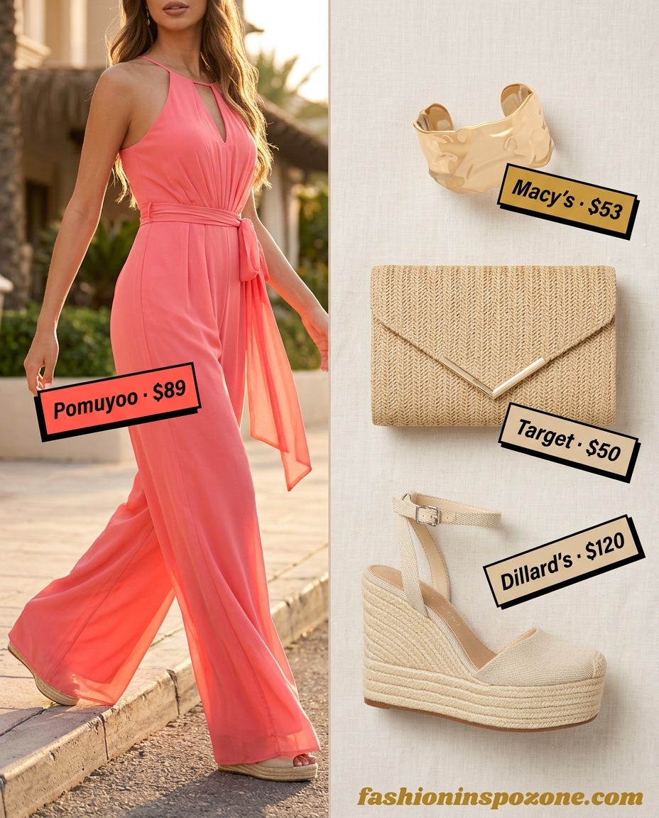 Vibrant Summer Barbiecore Outfits for Women 2026: Coral jumpsuit, espadrille wedges, raffia clutch, gold bracelet.